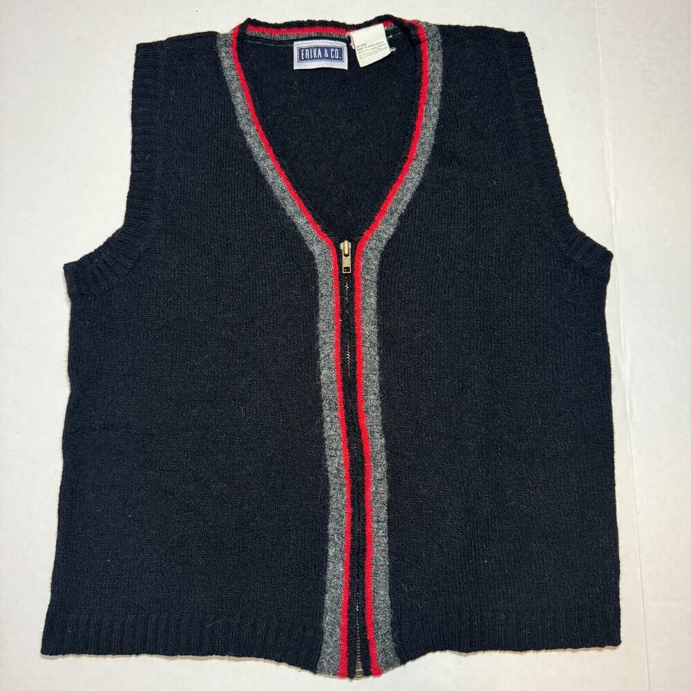 Erika & Co Vintage Knit V-neck Zip Up Sweater Vest Black Wool Blend Size Medium